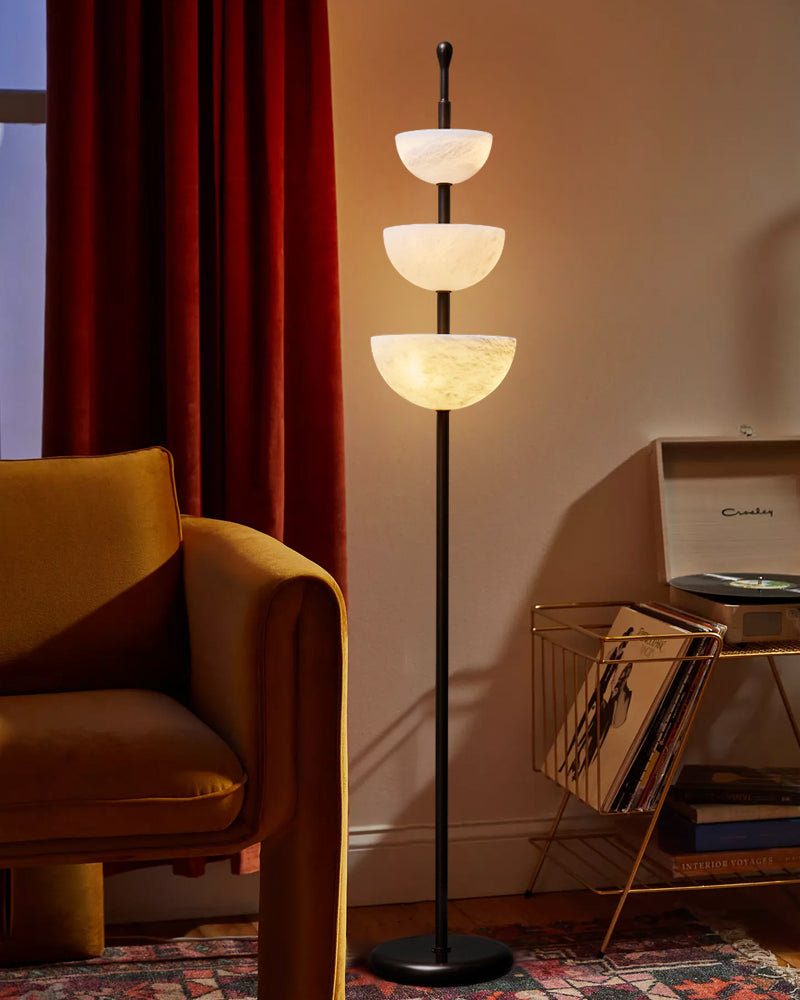 LED Bronze and Alabaster Triple Bowl Tall Floor Lamp 76in
