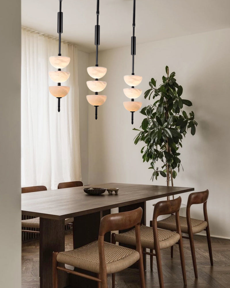 Alabaster Triple Half Spheres Vertical Suspension Lights Lacquered Burnished Brass/Bronze