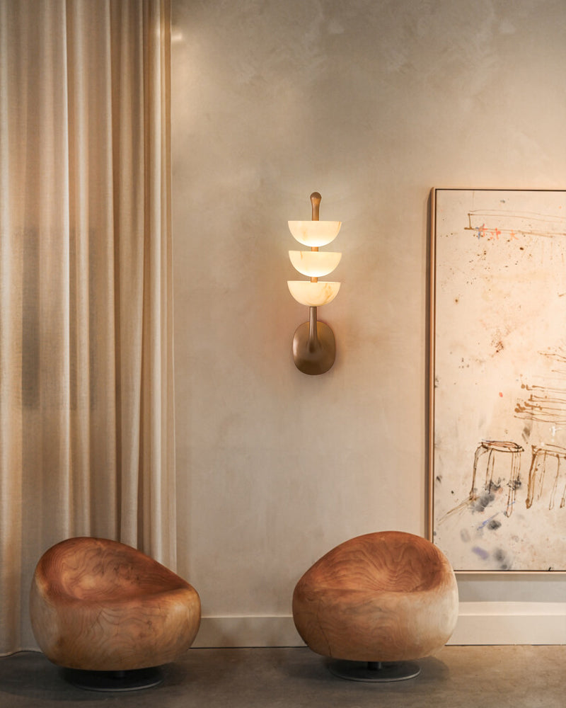 Modern Triple Alabaster Brass Stone Semi-Oval Wall Sconces 6in 15W