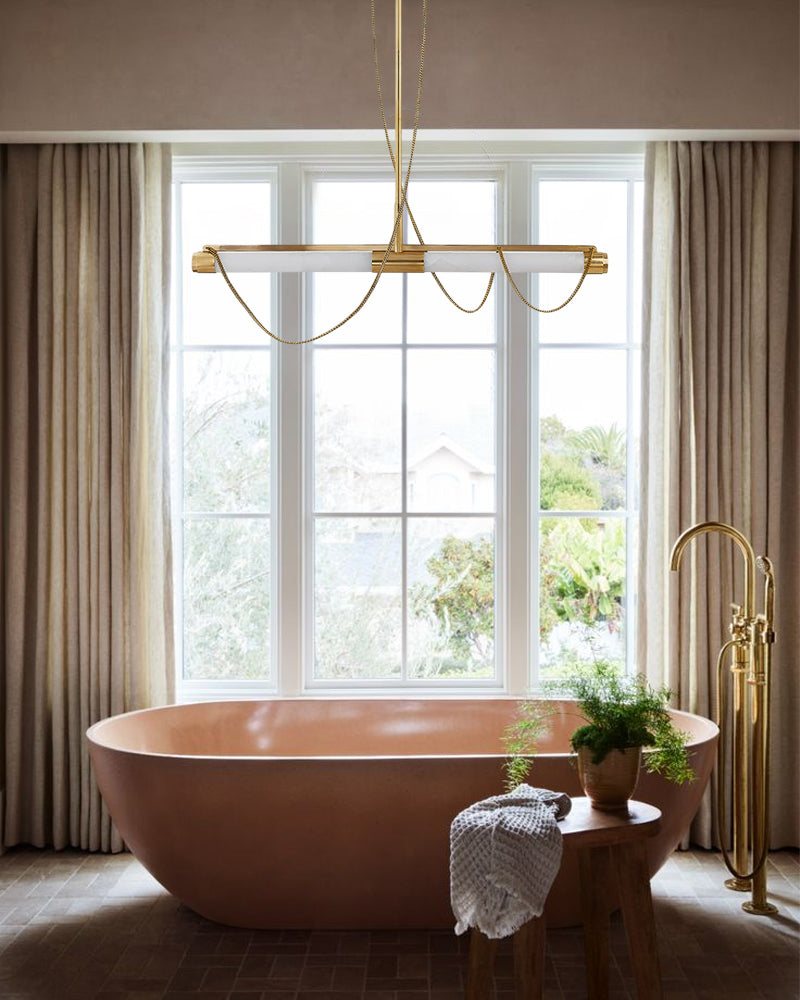 LED Tubular Alabaster Shades Ceiling Pendant Lamp 49" with long chains | Brass