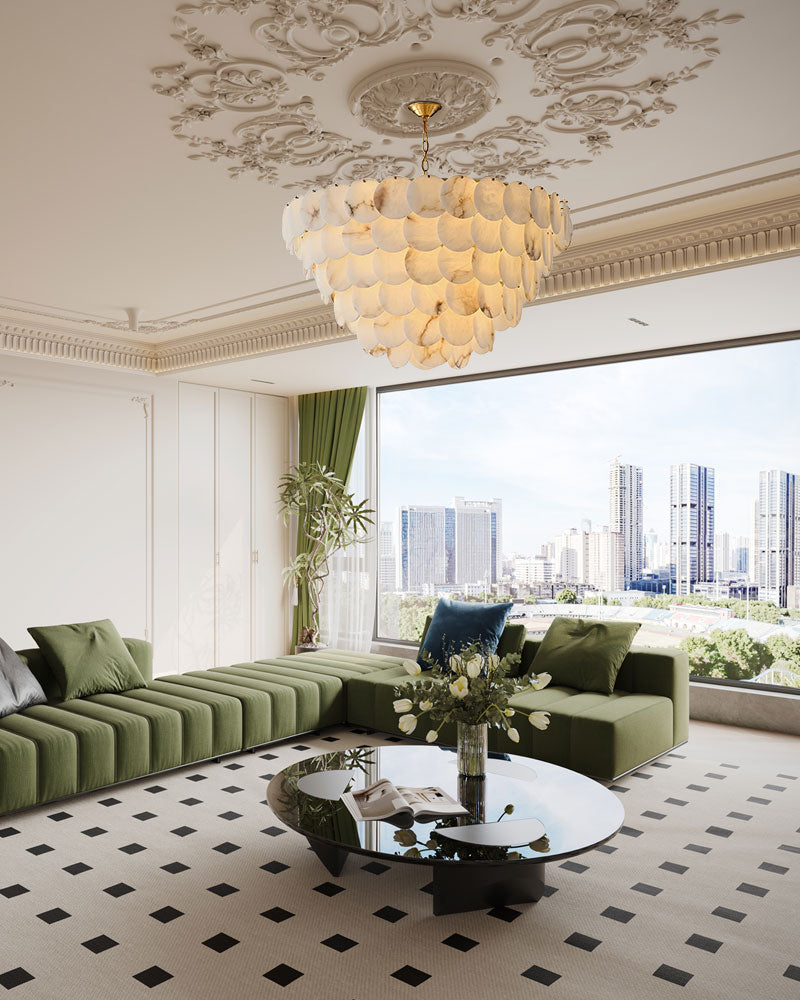 Multi layers Spanish White Alabaster Shell Marble Chandelier lamp in Brass