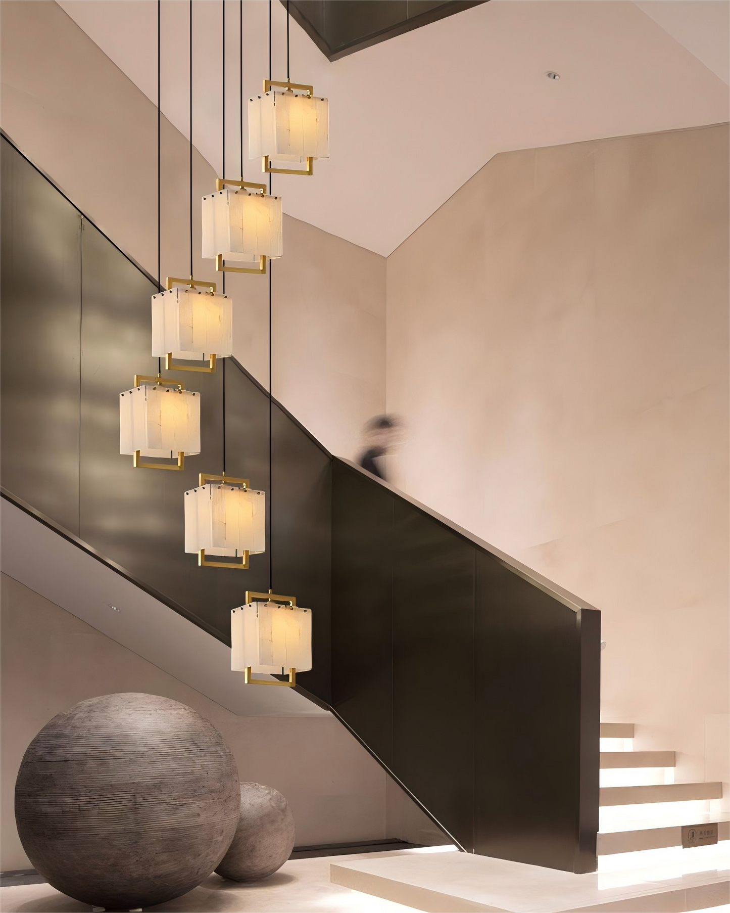 Elegant Cluster Alabaster Dome Suspension Light Lacquered Burnished Brass for hallway