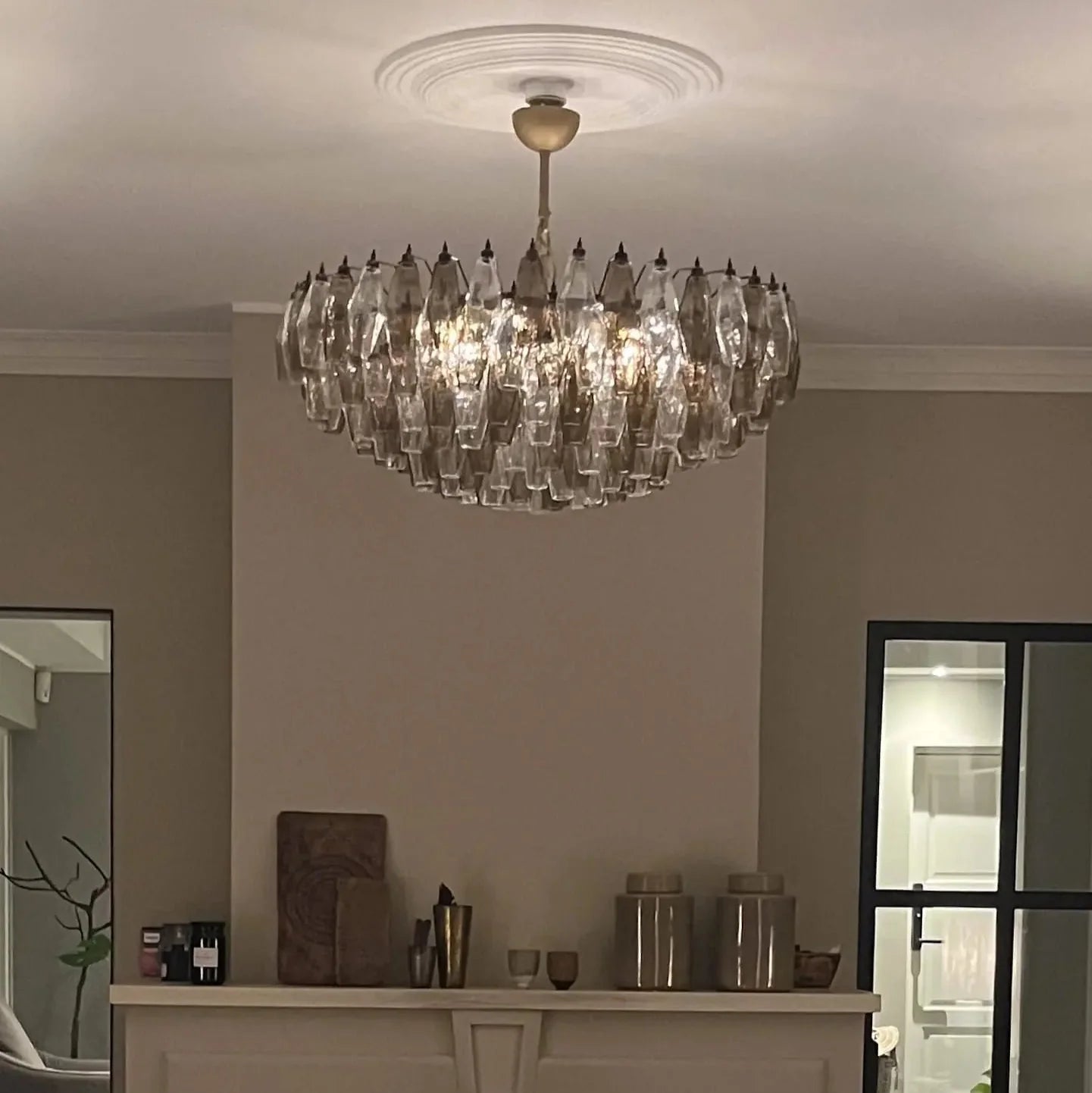 Murano Chandelier – Poliedri – 185 glass – Smoked/Transparent