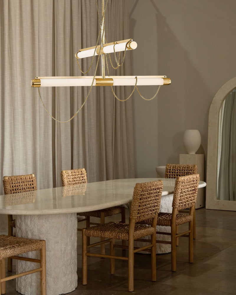 LED Tubular Alabaster Shades Ceiling Pendant Lamp 49" with long chains | Brass