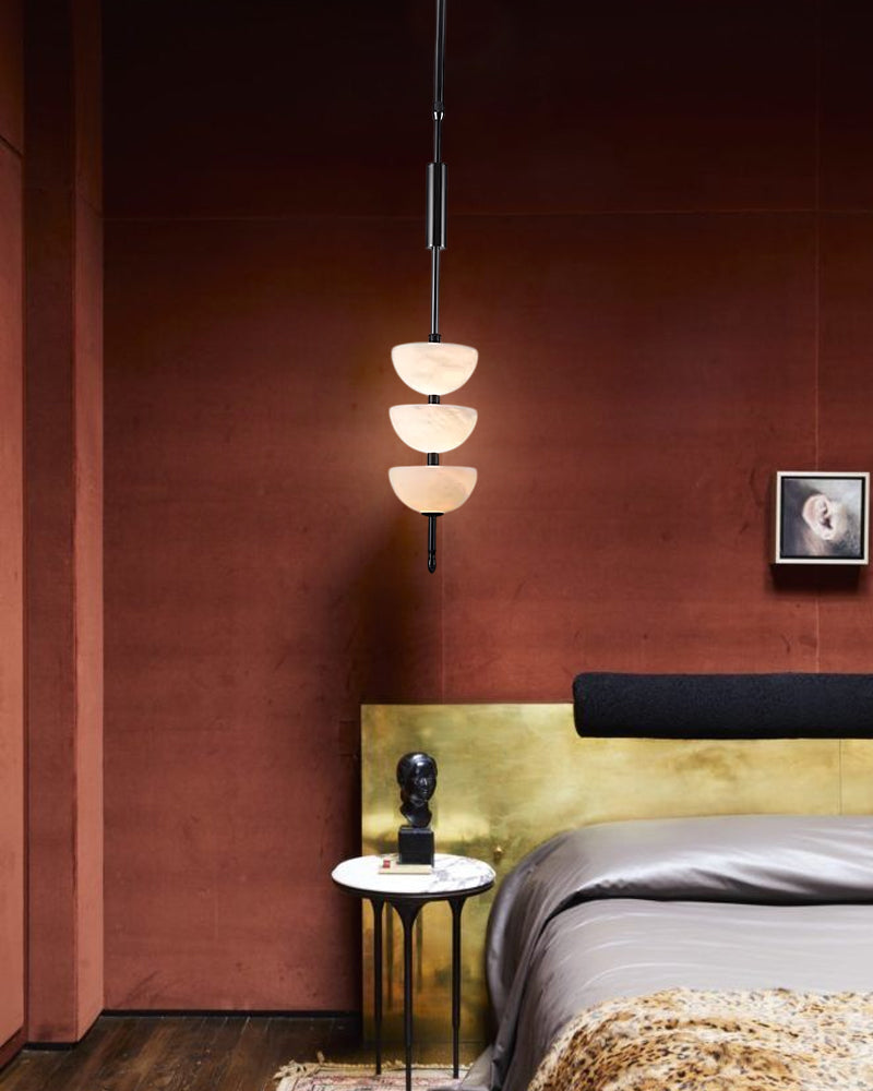 Alabaster Triple Half Spheres Vertical Suspension Lights Lacquered Burnished Brass/Bronze
