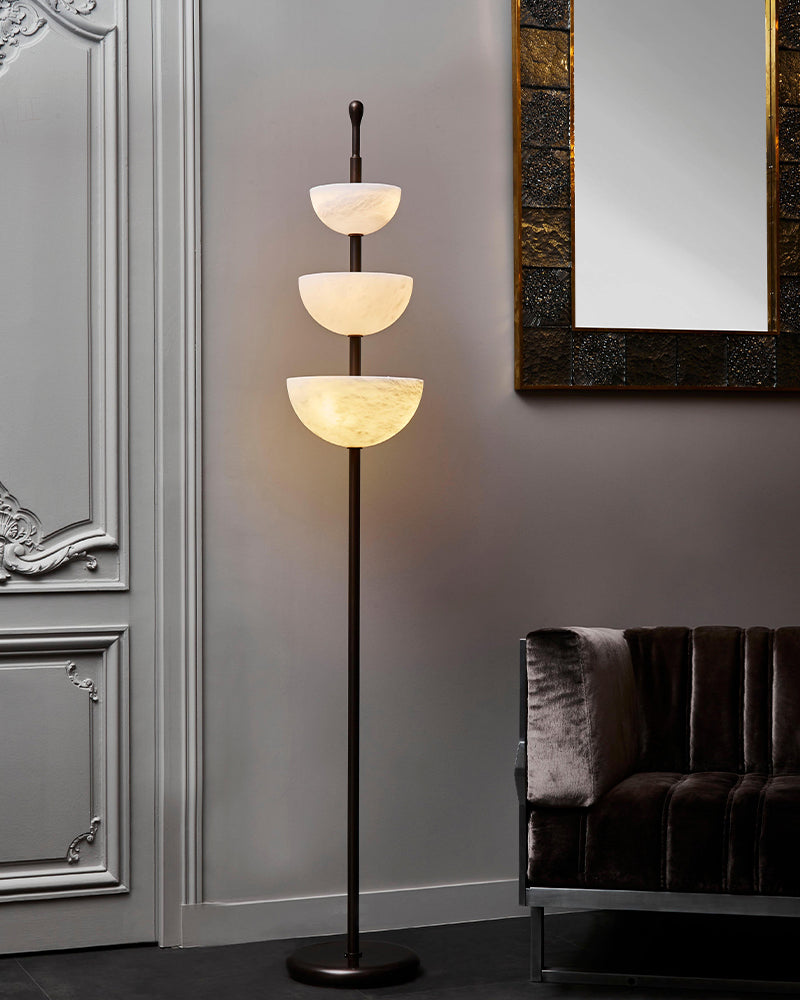 LED Bronze and Alabaster Triple Bowl Tall Floor Lamp 76in