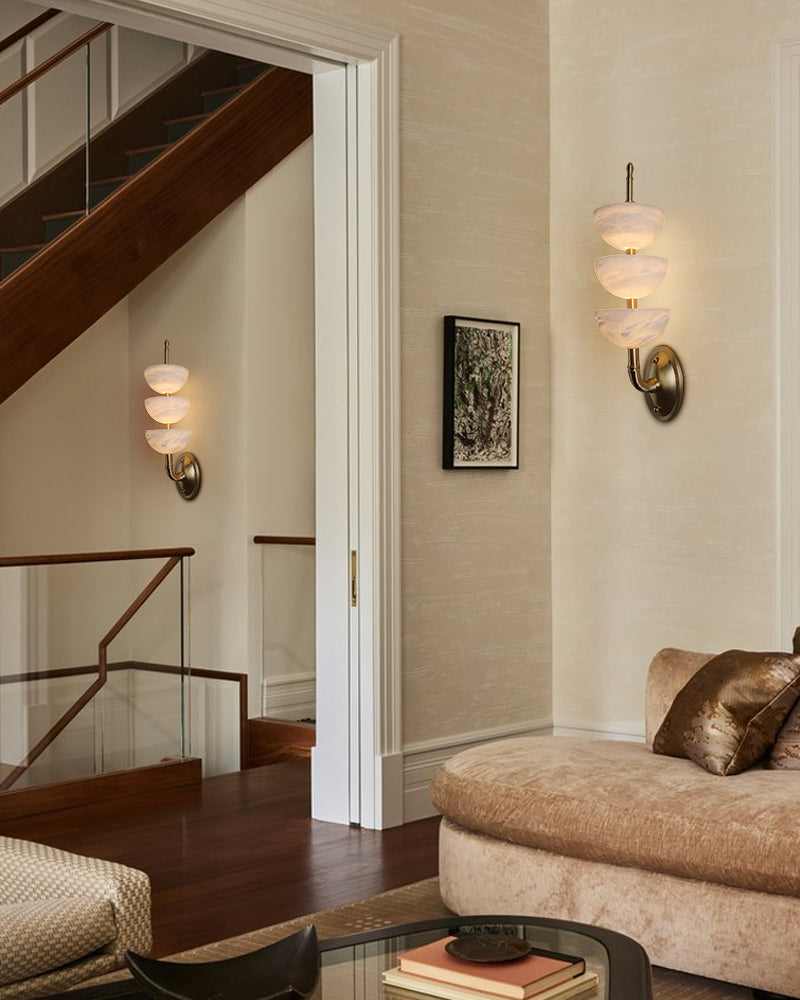 Modern Triple Alabaster Brass Stone Semi-Oval Wall Sconces 6in 15W