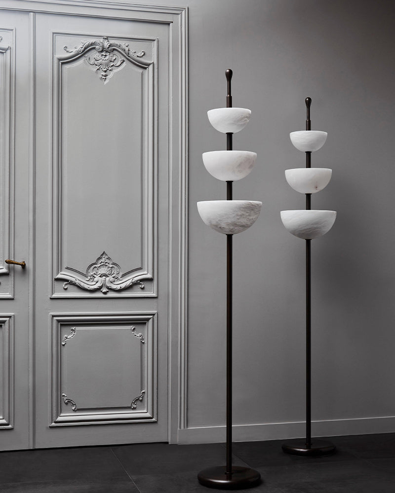 LED Bronze and Alabaster Triple Bowl Tall Floor Lamp 76in