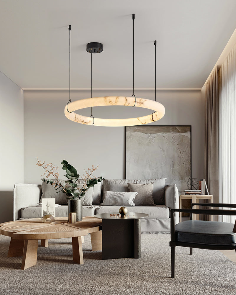 Black Metal Modern Round Ring Alabaster Pendant Light, Width 3.15"