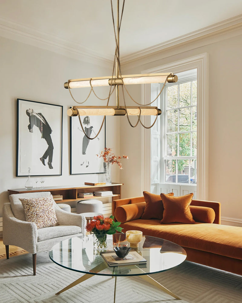 LED Tubular Alabaster Shades Ceiling Pendant Lamp 49" with long chains | Brass