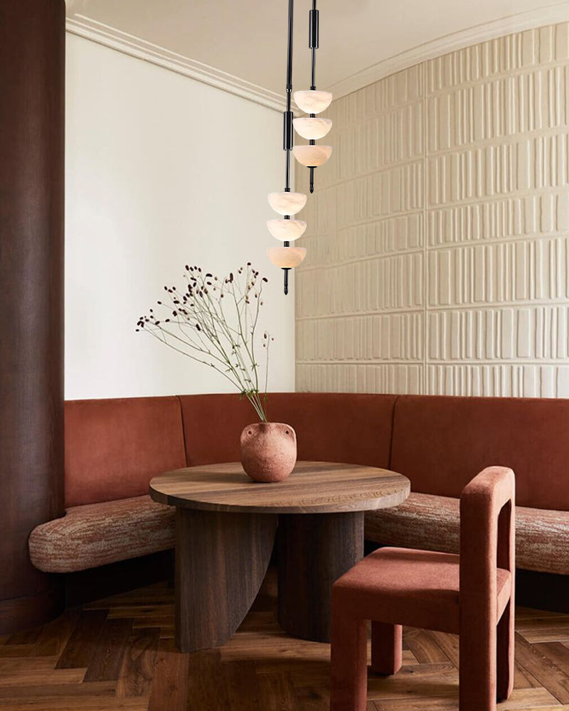 Alabaster Triple Half Spheres Vertical Suspension Lights Lacquered Burnished Brass/Bronze