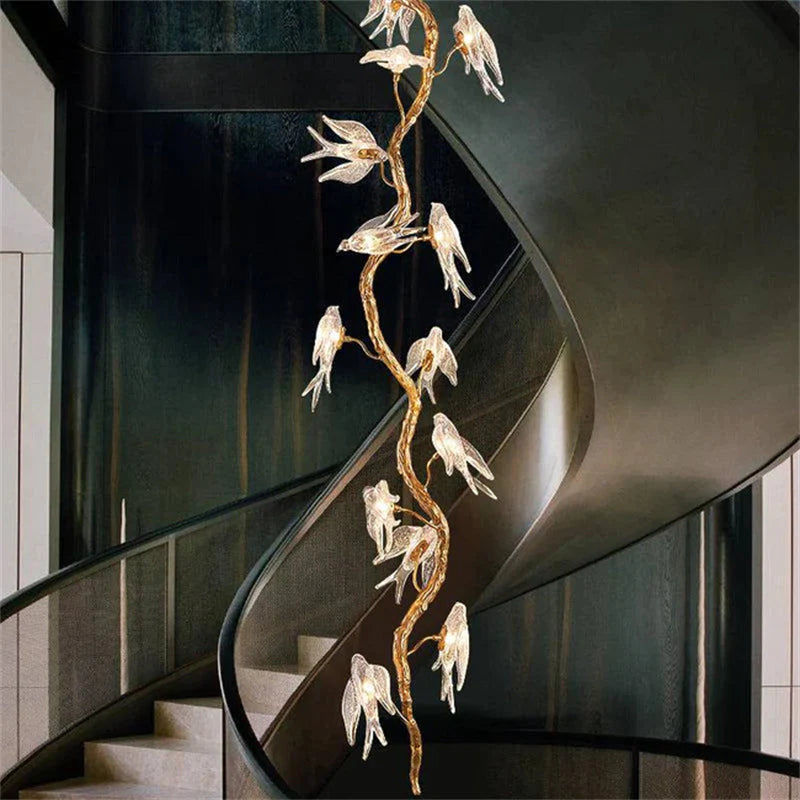 Modern Bird Glass Tree Branch Long Staircase Chandelier