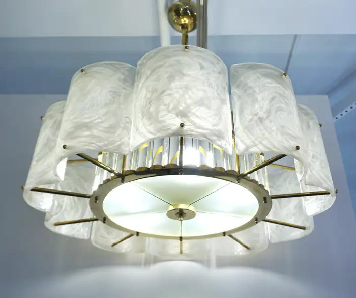 Bespoke Italian Alabaster White Murano Glass Brass Round Chandelier / Flushmount
