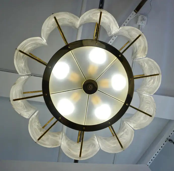 Bespoke Italian Alabaster White Murano Glass Brass Round Chandelier / Flushmount