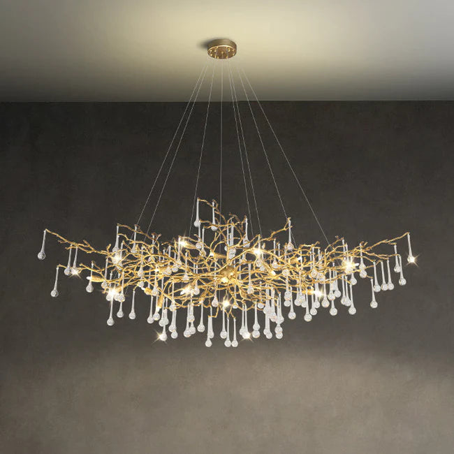 Modern Crystal Teardrop Brass Branch Chandelier For Living Room