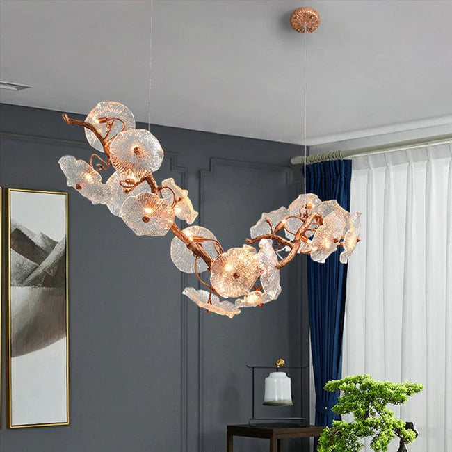 Modern Leaf Glass Flower Linear Branch Chandelier, Island Chandelier