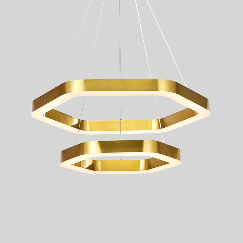 Hexagon 2-tier Golden Round Chandelier 16"+24"