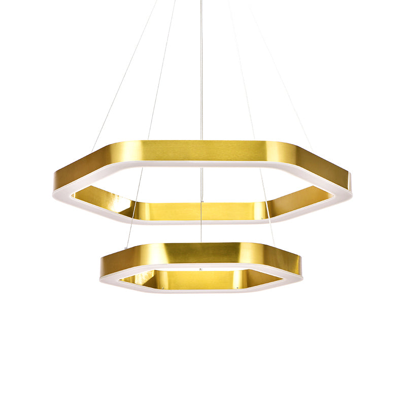 Hexagon 2-tier Golden Round Chandelier 16"+24"