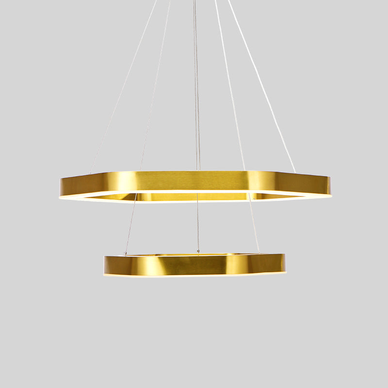 Hexagon 2-tier Golden Round Chandelier 16"+24"